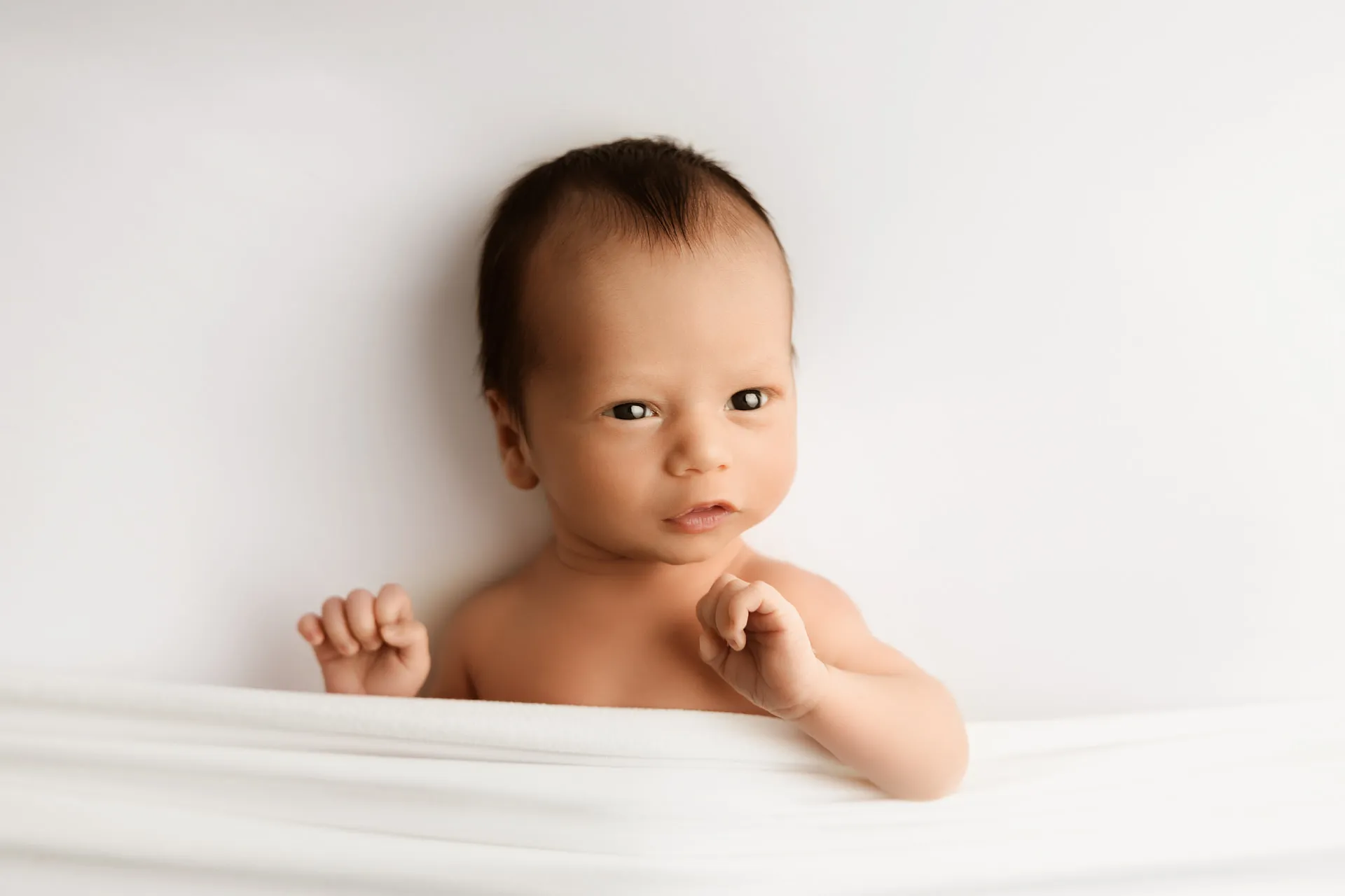 Awake newborn baby looking at the camera on a white background - baby photographer Kingston