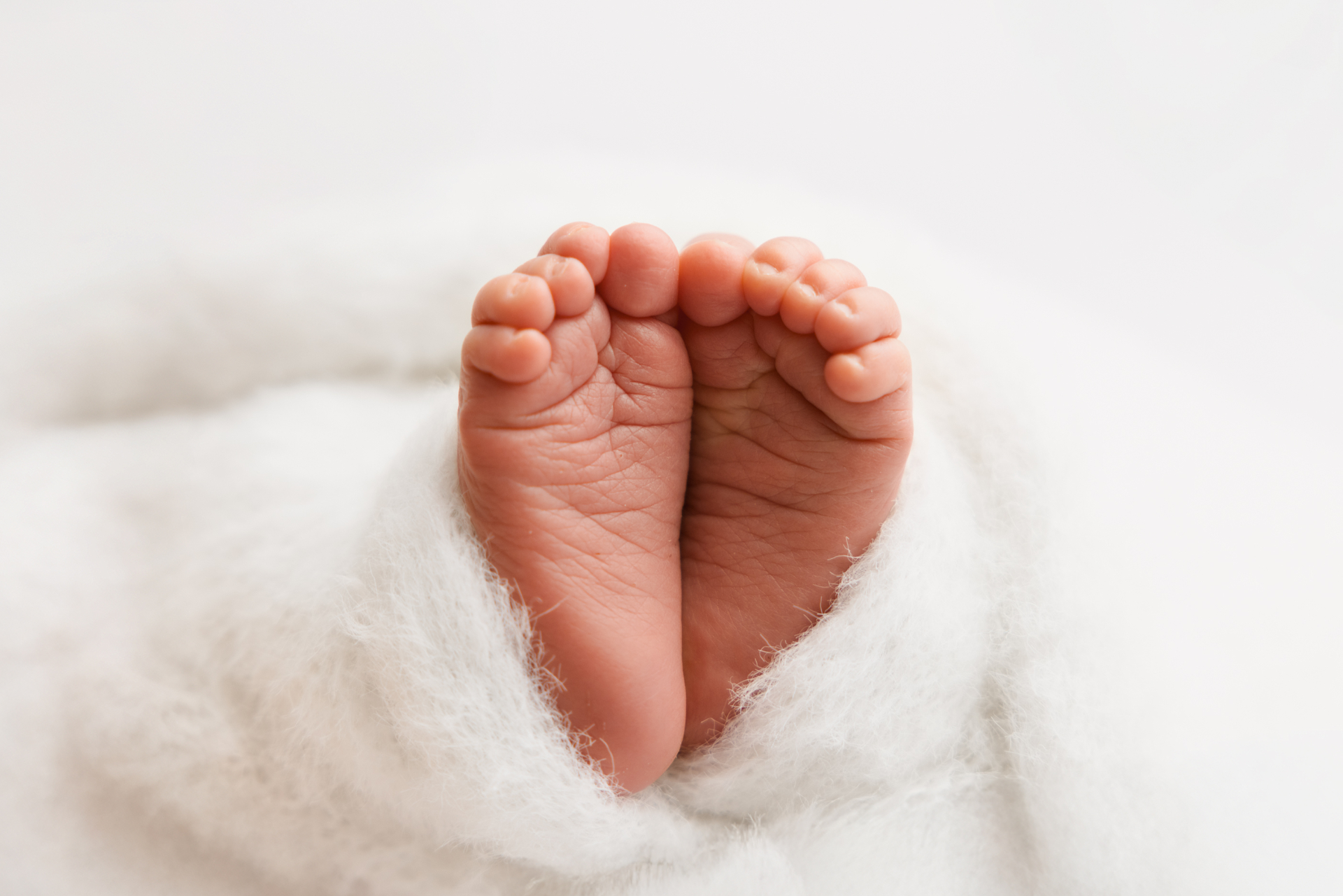 Tiny bare baby feet resting on soft white fabric - newborn photography Kingston upon Thames
